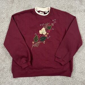 Classic Elements Sweatshirt Womens M Floral Embroidered Fall Leaves Cozy Holiday